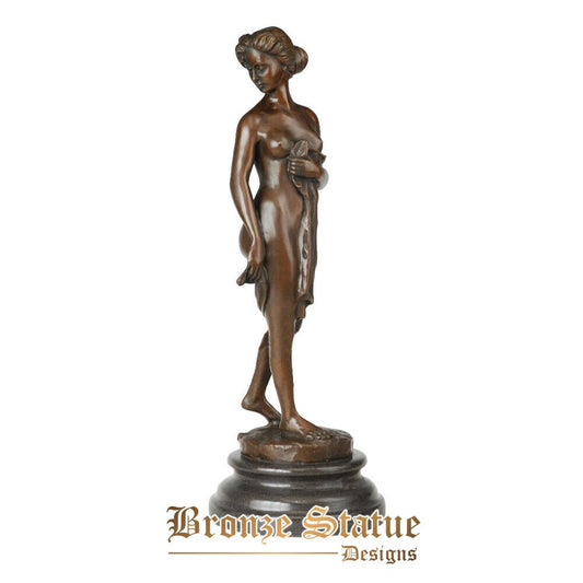 Bronze bathing nude woman statue sculpture modern bare standing female girl figurine erotic art