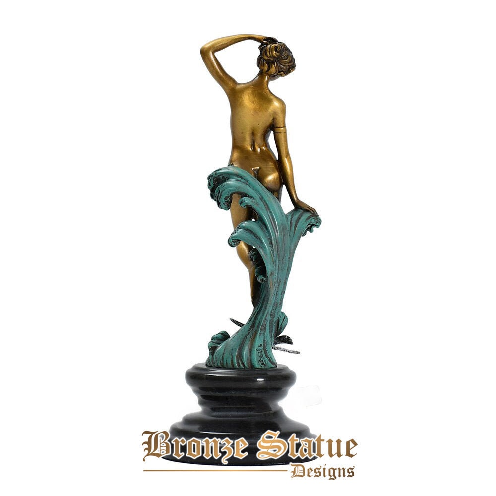 Nude young woman in waves statue sculpture bronze modern naked female figurine art home decor ornament