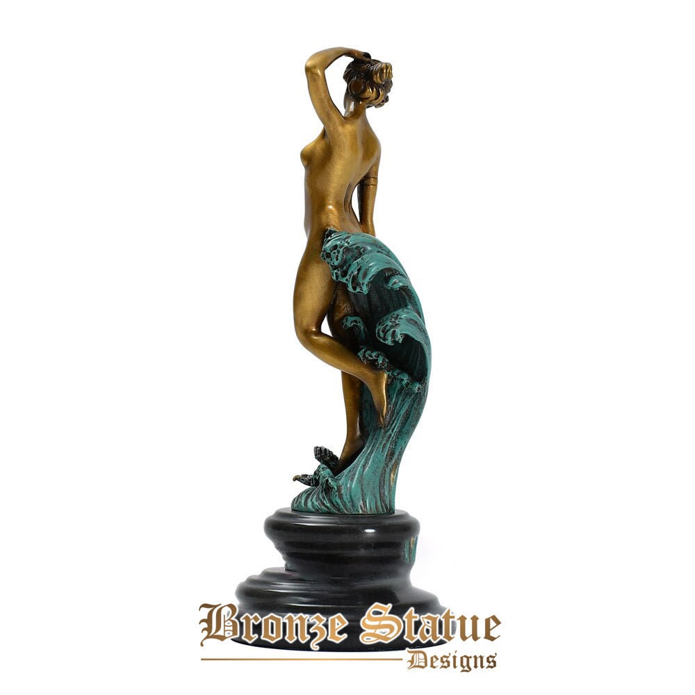 Nude young woman in waves statue sculpture bronze modern naked female figurine art home decor ornament