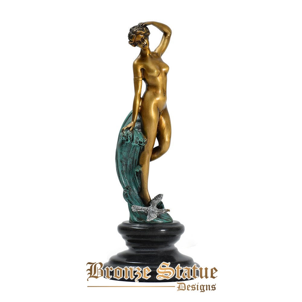 Nude young woman in waves statue sculpture bronze modern naked female figurine art home decor ornament