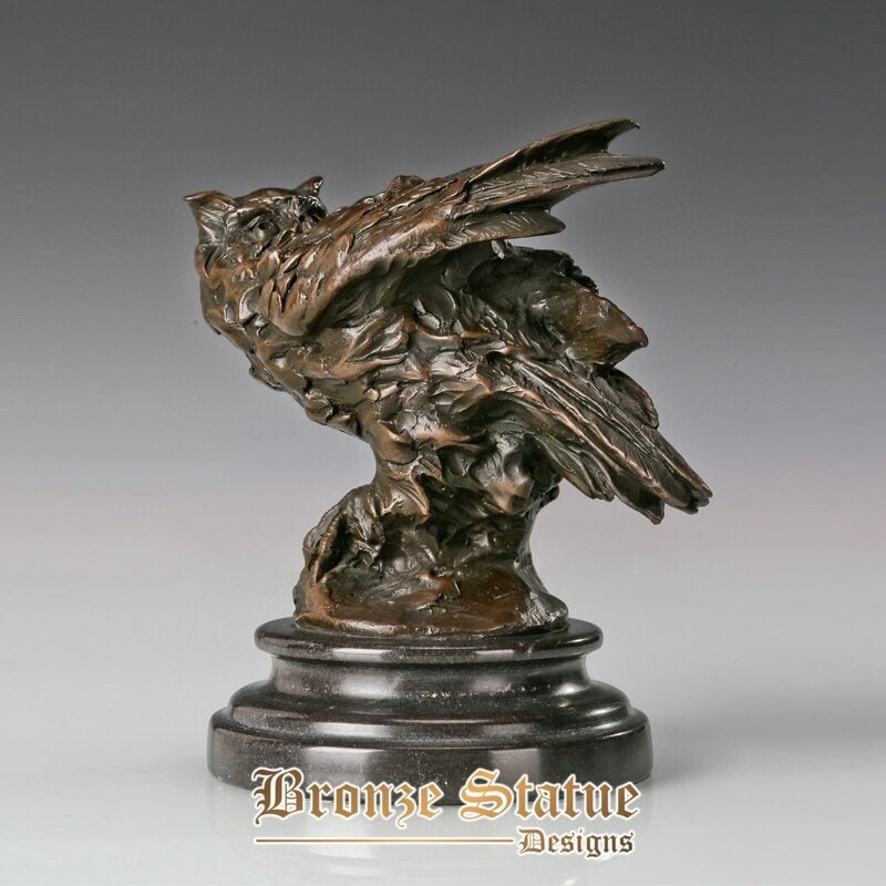 Bronze night owl statue animal bird sculpture figurine art marble base small home decor