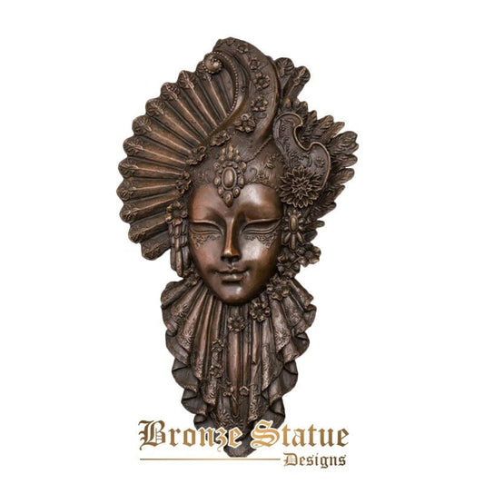 Escultura de parede abstrata de bronze artesanal estátua de máscara de pavão estatuetas de parede vintage decoração de arte de alívio