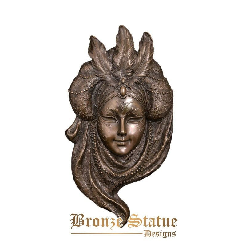 Bronze abstract relief statue figurine peacock mask woman wall hanging sculpture art home library decor