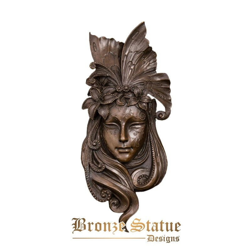 Bronze abstract relief statue figurine peacock mask woman wall hanging sculpture art home library decor