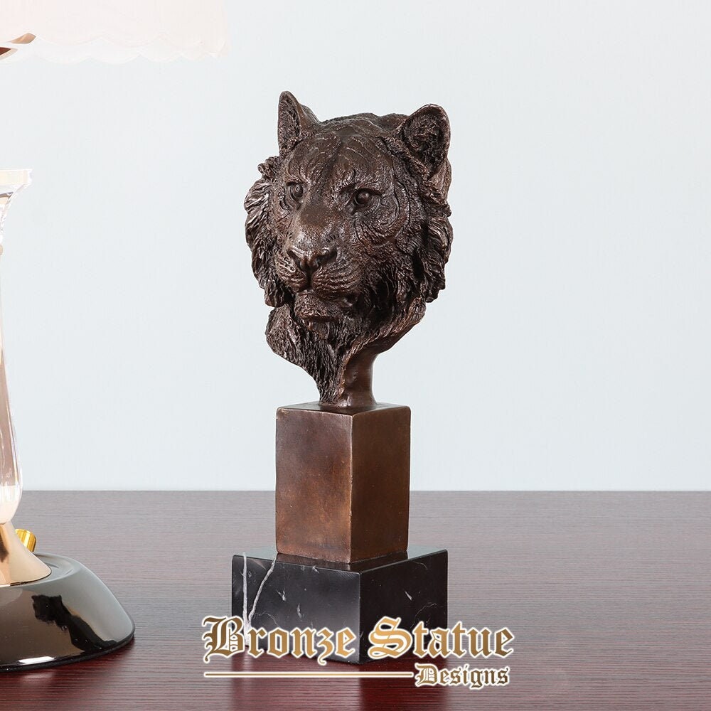 25cm bronze tiger head sculpture figurine wildlife tiger bust statue art for home office table decoration