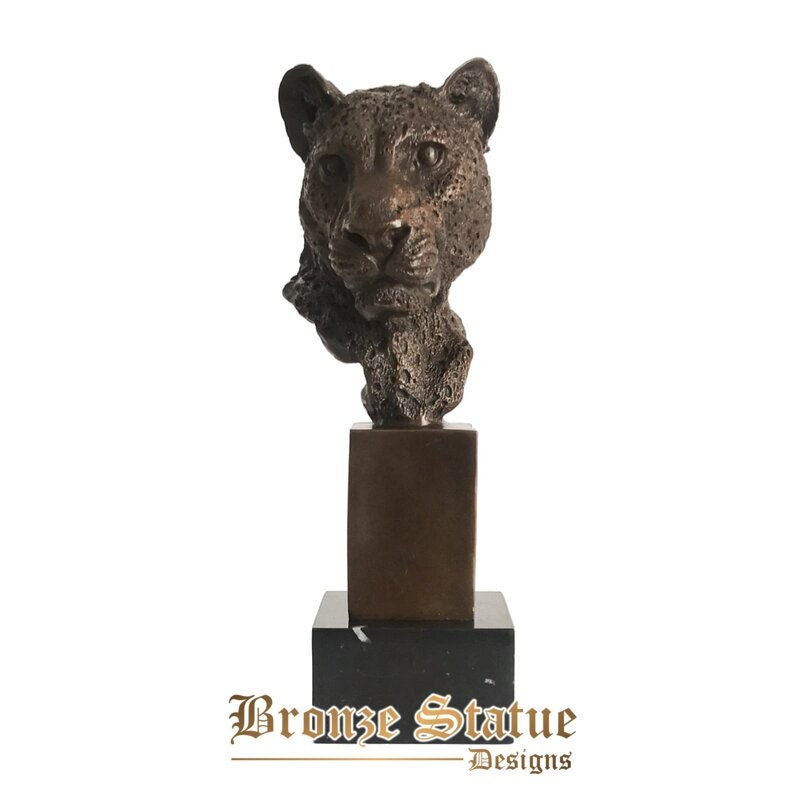 Bronze leopard head statue figurine wild animal panther bust sculpture vintage cheetah art home decor