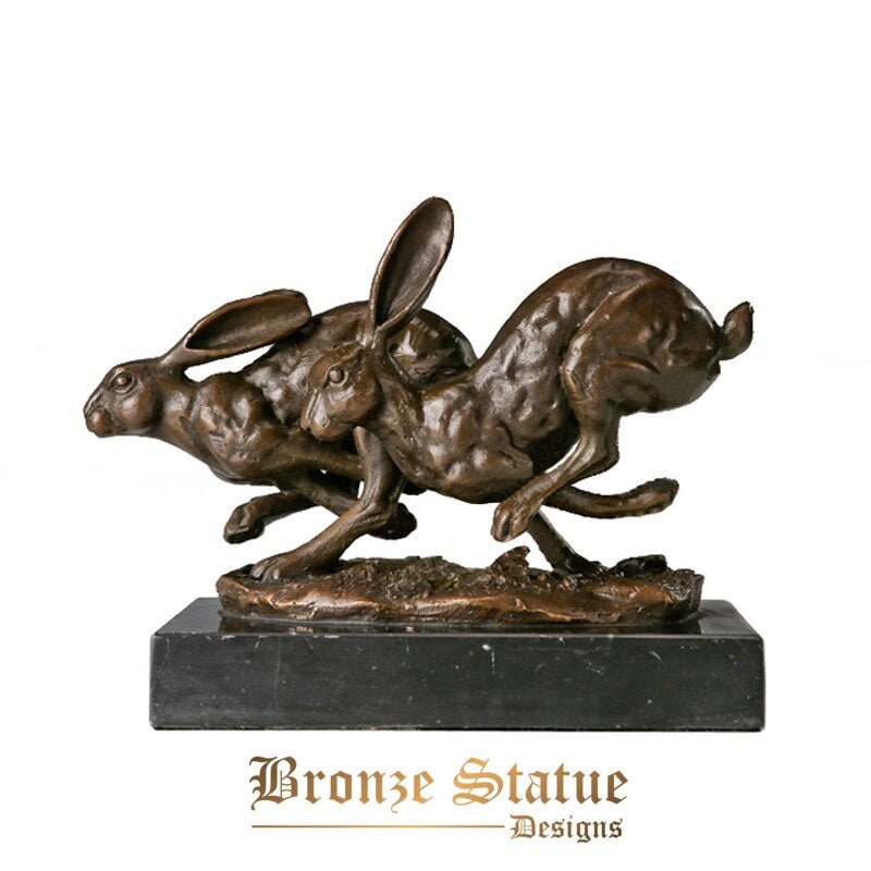 Small lucky couple hares statue bronze running rabbits figurine chinese zodiac sculpture animal art gorgeous modern decoration