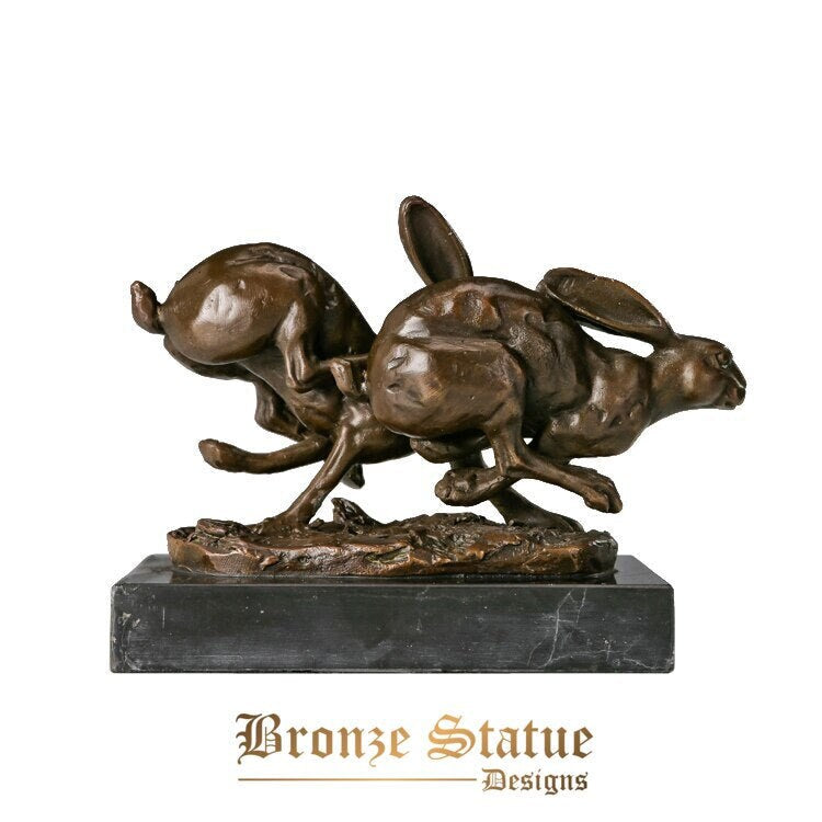 Small lucky couple hares statue bronze running rabbits figurine chinese zodiac sculpture animal art gorgeous modern decoration