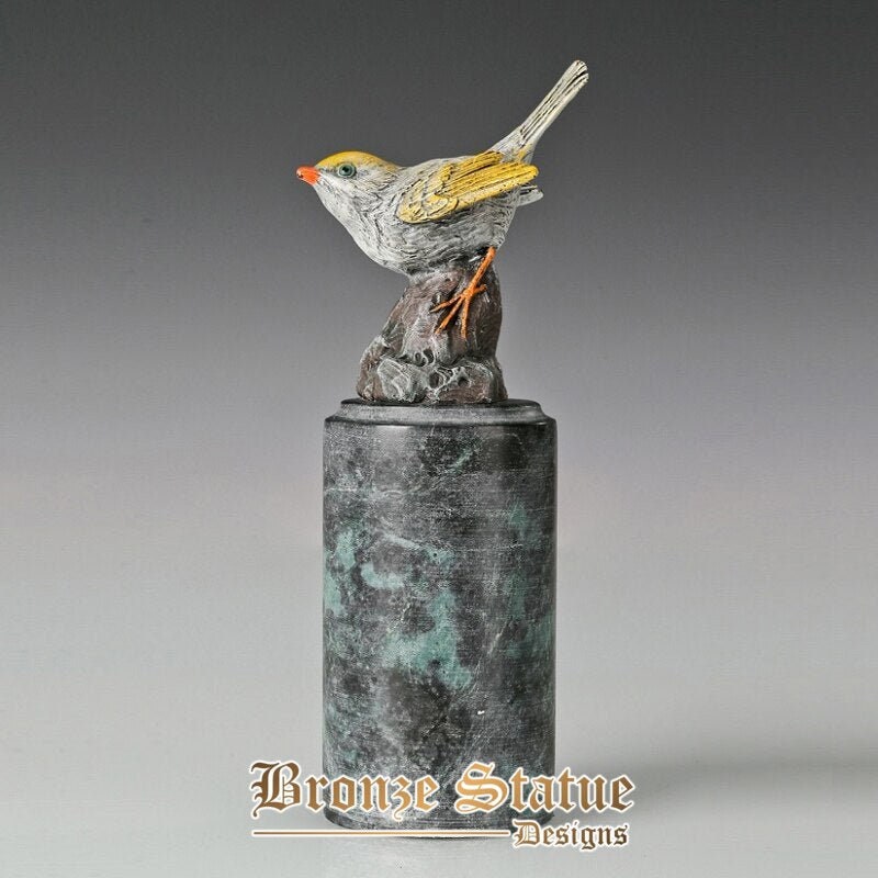 Estatuetas de bronze de pássaros pequenos de cor completa estátua de bronze animal e base de mármore de escultura para acessórios de decoração de sala de estudo em casa