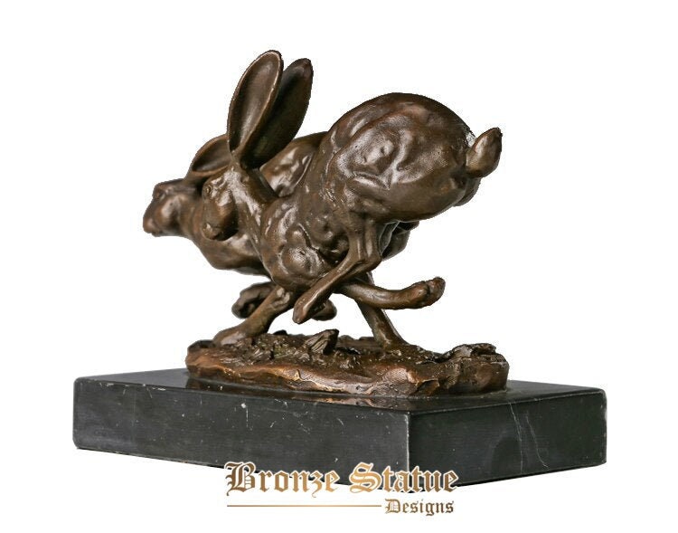 Small lucky couple hares statue bronze running rabbits figurine chinese zodiac sculpture animal art gorgeous modern decoration