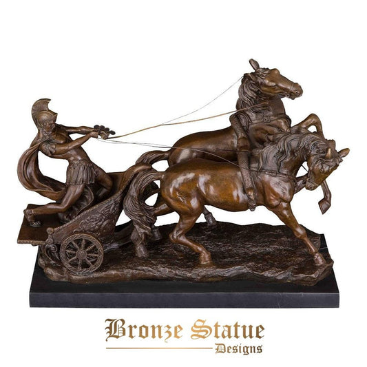 23in | 60cm | Escultura de bronze de tamanho grande soldado dirigindo carruagem cavalos estátua Antigo guerreiro arte decoração