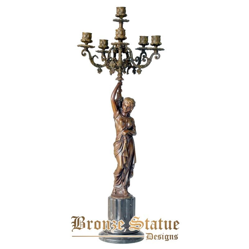 Statua in bronzo classica donna candelabro candeliere 6 supporti scultura vintage arte per la casa alta 73 cm