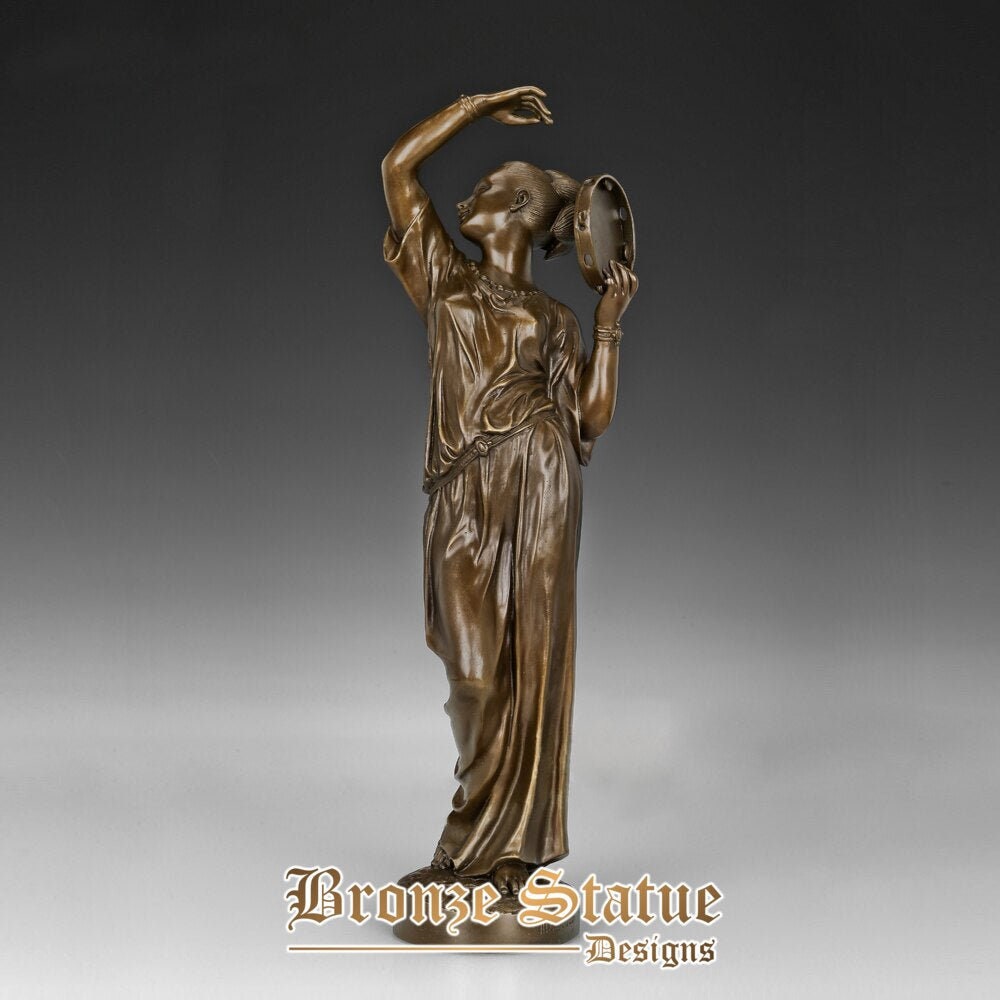 Playing tambourine young girl statue music sculpture bronze brass hot casting vintage female art indoor decor
