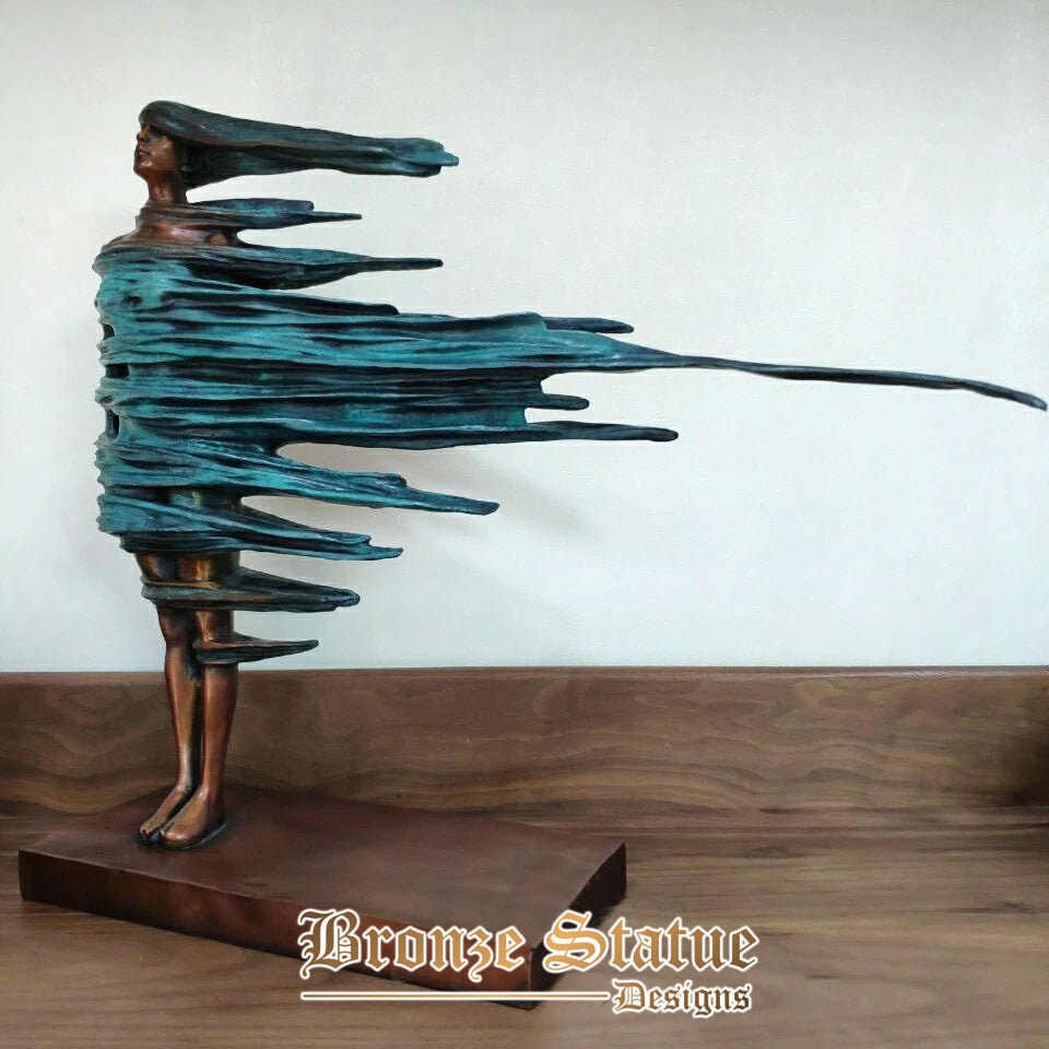 20in | 52cm | large abstract bronze girl statue in strong wind woman body art sculpture modern hallway home decoration