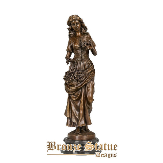 Beautiful young girl with flowers statue sculpture bronze brass hot casting female art upscale home decoration gifts