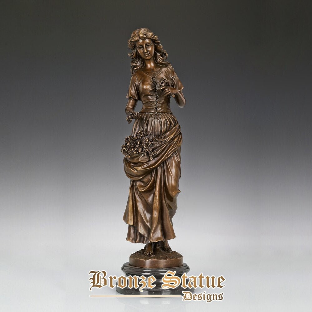 Beautiful young girl with flowers statue sculpture bronze brass hot casting female art upscale home decoration gifts
