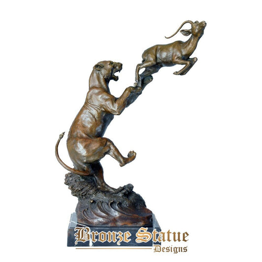 Bronze statue leopard hunting antelope prey sculpture panther wildlife animal art figurine home decoration