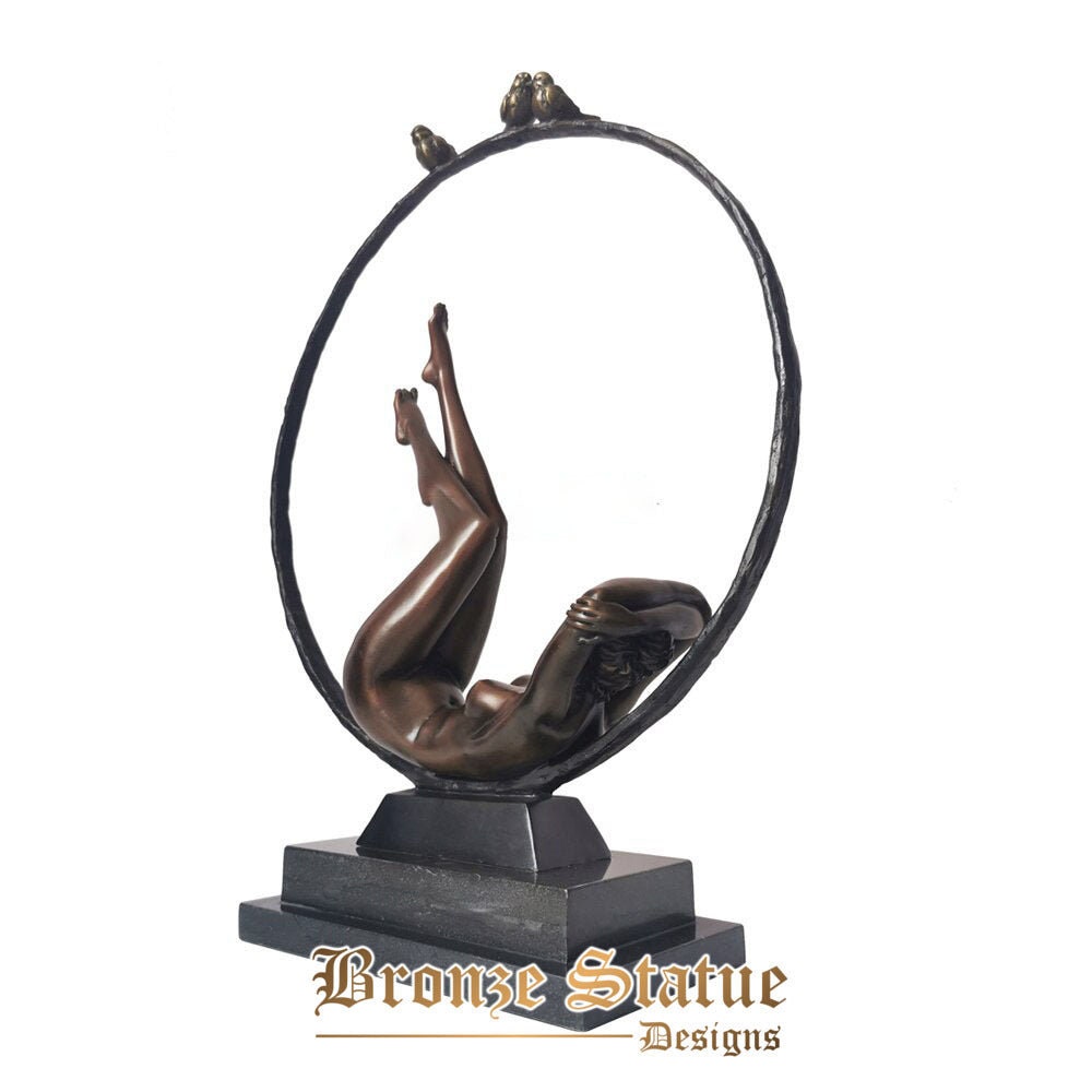 Nude girl lying in bronze circle sculpture modern woman statue sexy western female figurine vintage erotic art home decor