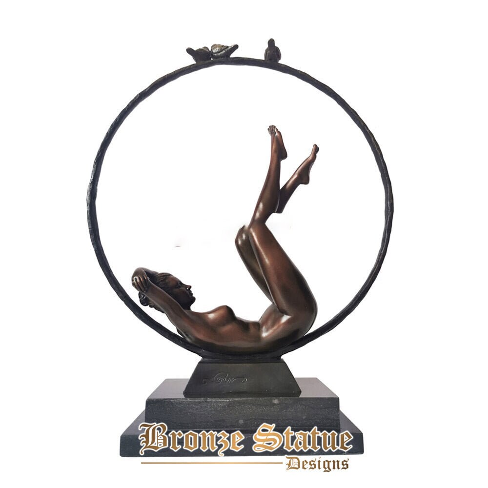 Nude girl lying in bronze circle sculpture modern woman statue sexy western female figurine vintage erotic art home decor