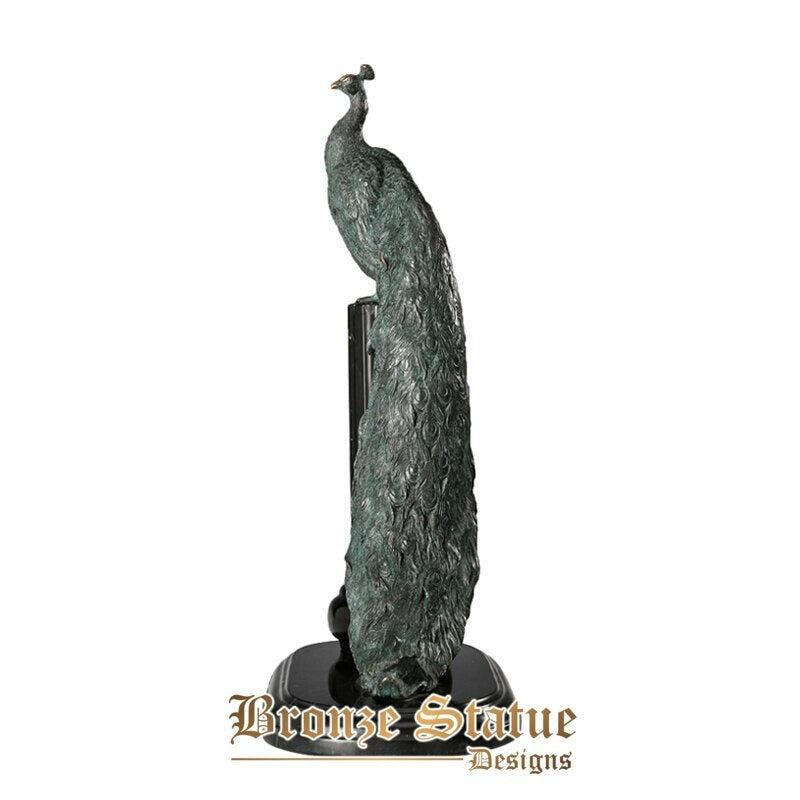 Peacock sculpture wildlife long-tail peafowl statue bronze vintage animal art figurine for study home decor greenish