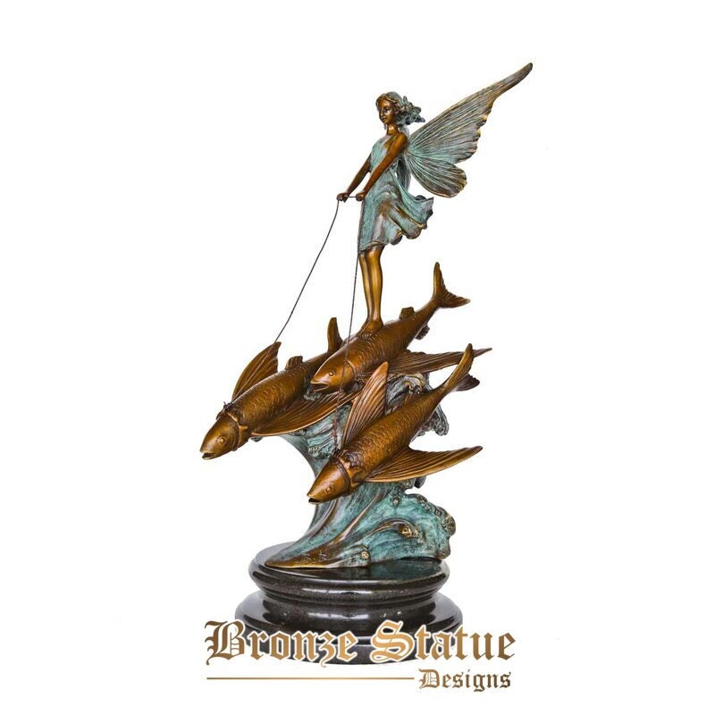 Fairy with fishes bronze sculpture faery statue figurine art classy girl room decoration birthday gifts