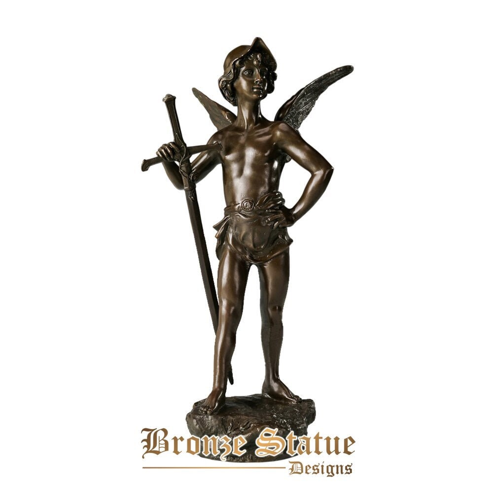 Teen angel wings with sword bronze statue sculpture boy figurine art children gifts home decor