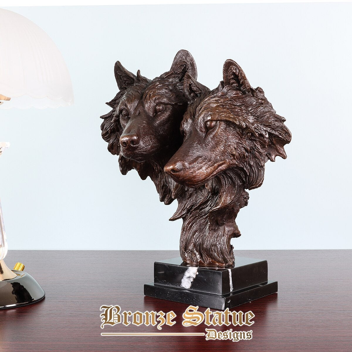 Couple wolves head bronze statue wild animal wolf sculpture art home office table decor ornament