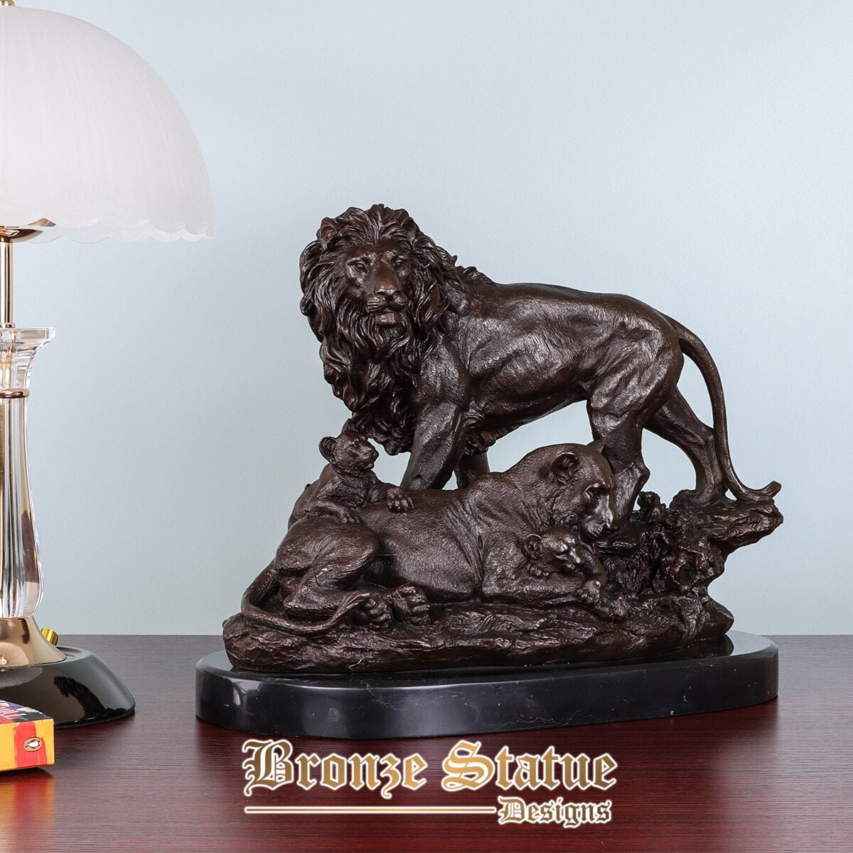 Familia de leones, estatua de bronce real, amor, escultura de animal salvaje, arte de vida salvaje, decoración de mesa de oficina en casa, regalo grande