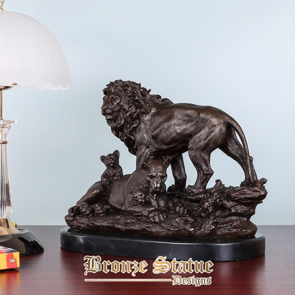 Familia de leones, estatua de bronce real, amor, escultura de animal salvaje, arte de vida salvaje, decoración de mesa de oficina en casa, regalo grande
