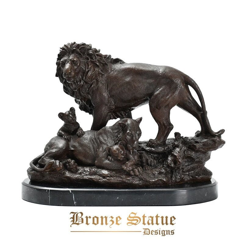Lion family real bronze statue love wild animal sculpture wildlife art home office table decoration gift large