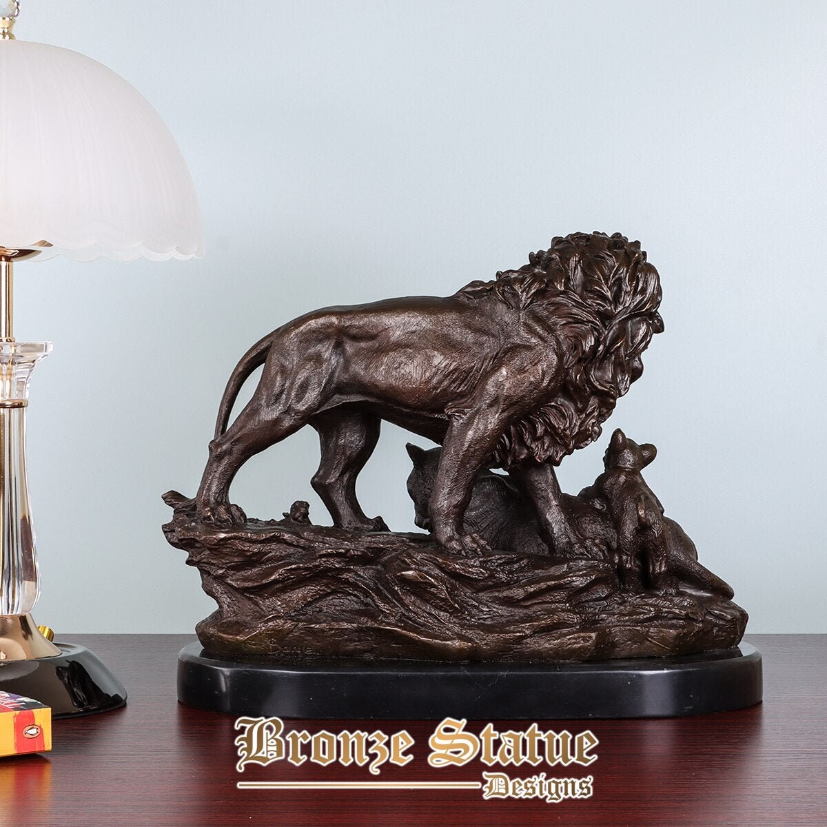 Löwenfamilie echte Bronzestatue Liebe Wildtier Skulptur Tierwelt Kunst Heimbüro Tischdekoration Geschenk groß