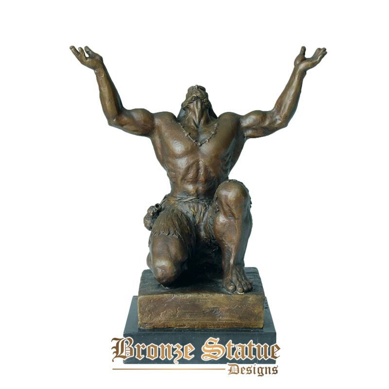 Bronze male prayer statue blessing lucy and happiness sculpture figurine marble base art for home decoration