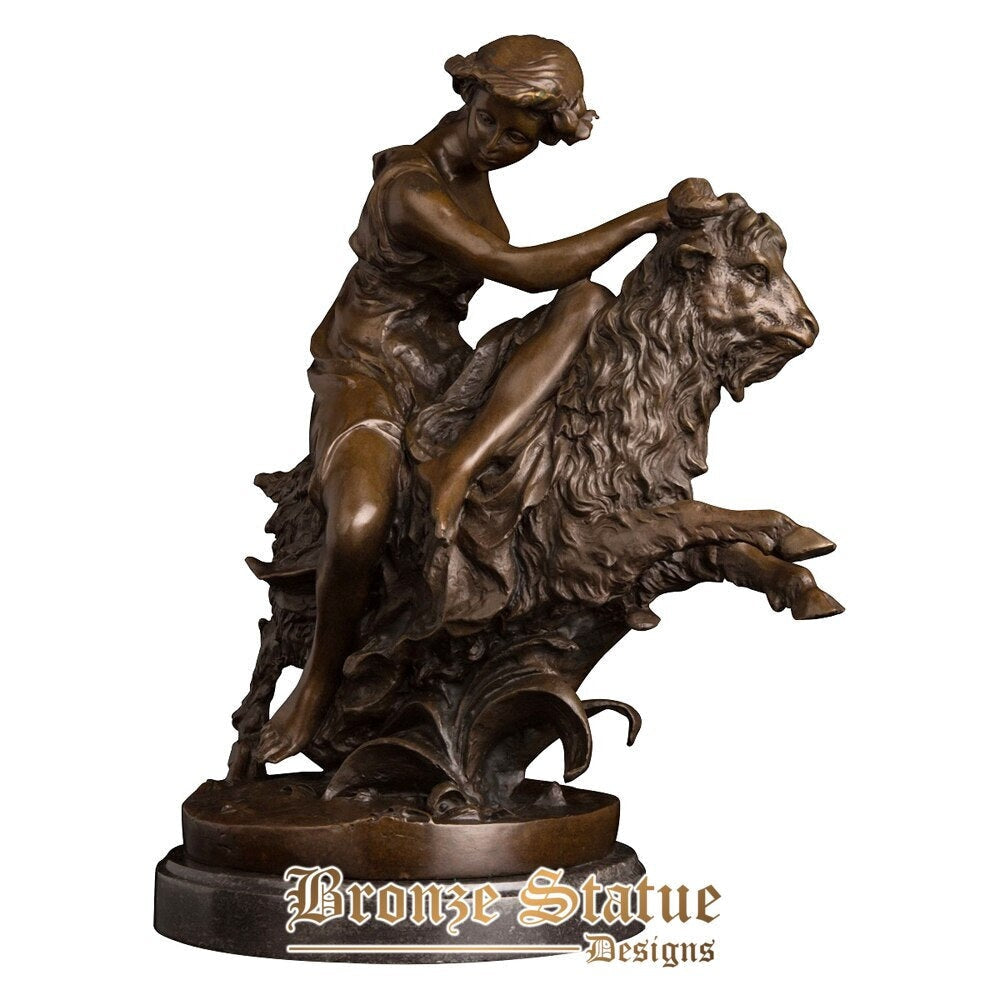 Bronze handmade bronze sculpture vintage shepherdess with goat statue animal figurine living room art decor