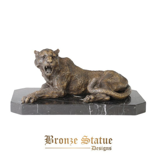 Estátua de leopardo de bronze vida selvagem animal escultura arte base de mármore natural mesa de escritório decoração elegante presentes de aniversário