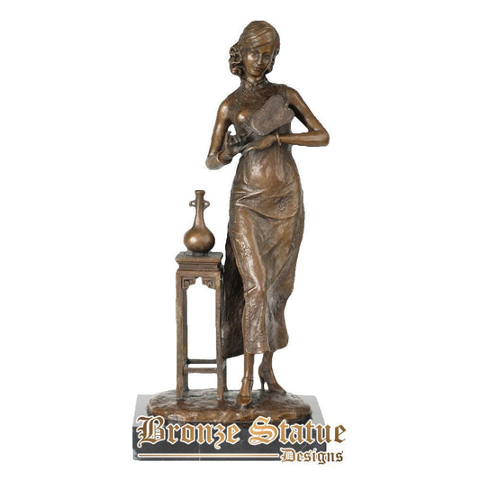 Bronze chinese elegant woman with fan statue sculpture vintage woman figurine art for collection decoration