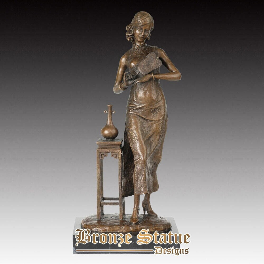 Bronze chinese elegant woman with fan statue sculpture vintage woman figurine art for collection decoration