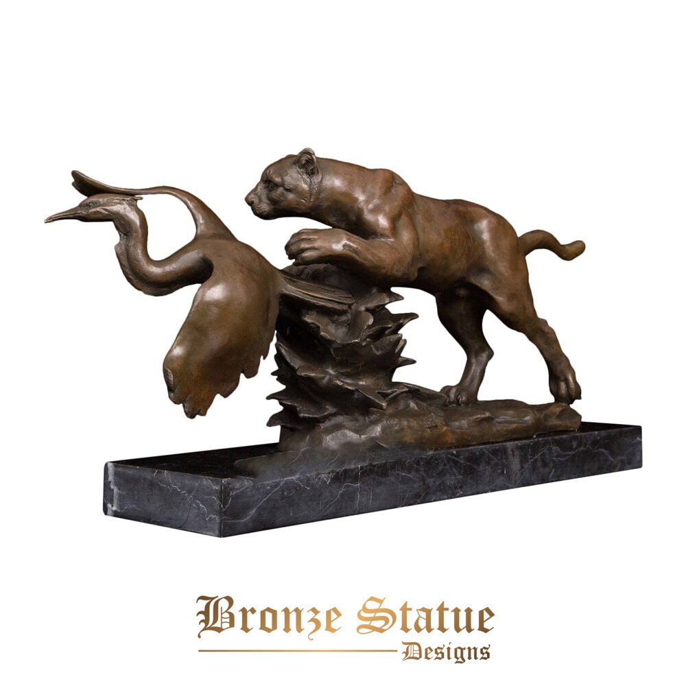 Bronze leopard hunting bird prey statue animal sculpture art hot casting wildlife panther figurines for decoration