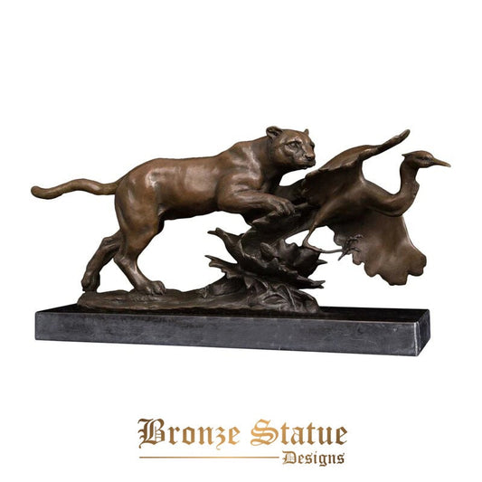 Bronze leopard hunting bird prey statue animal sculpture art hot casting wildlife panther figurines for decoration