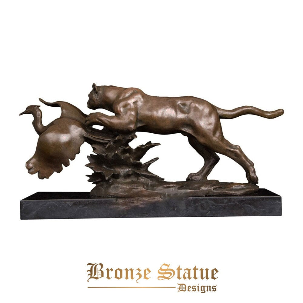 Bronze leopard hunting bird prey statue animal sculpture art hot casting wildlife panther figurines for decoration