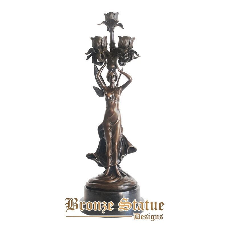 Bronze female candle holder statue maiden rose candlestick sculpture art home table decoration