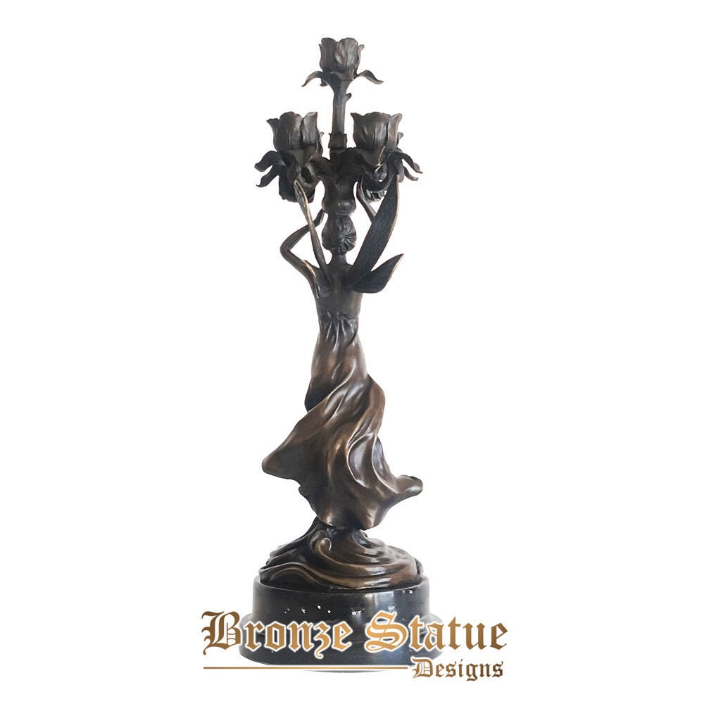 Bronze female candle holder statue maiden rose candlestick sculpture art home table decoration