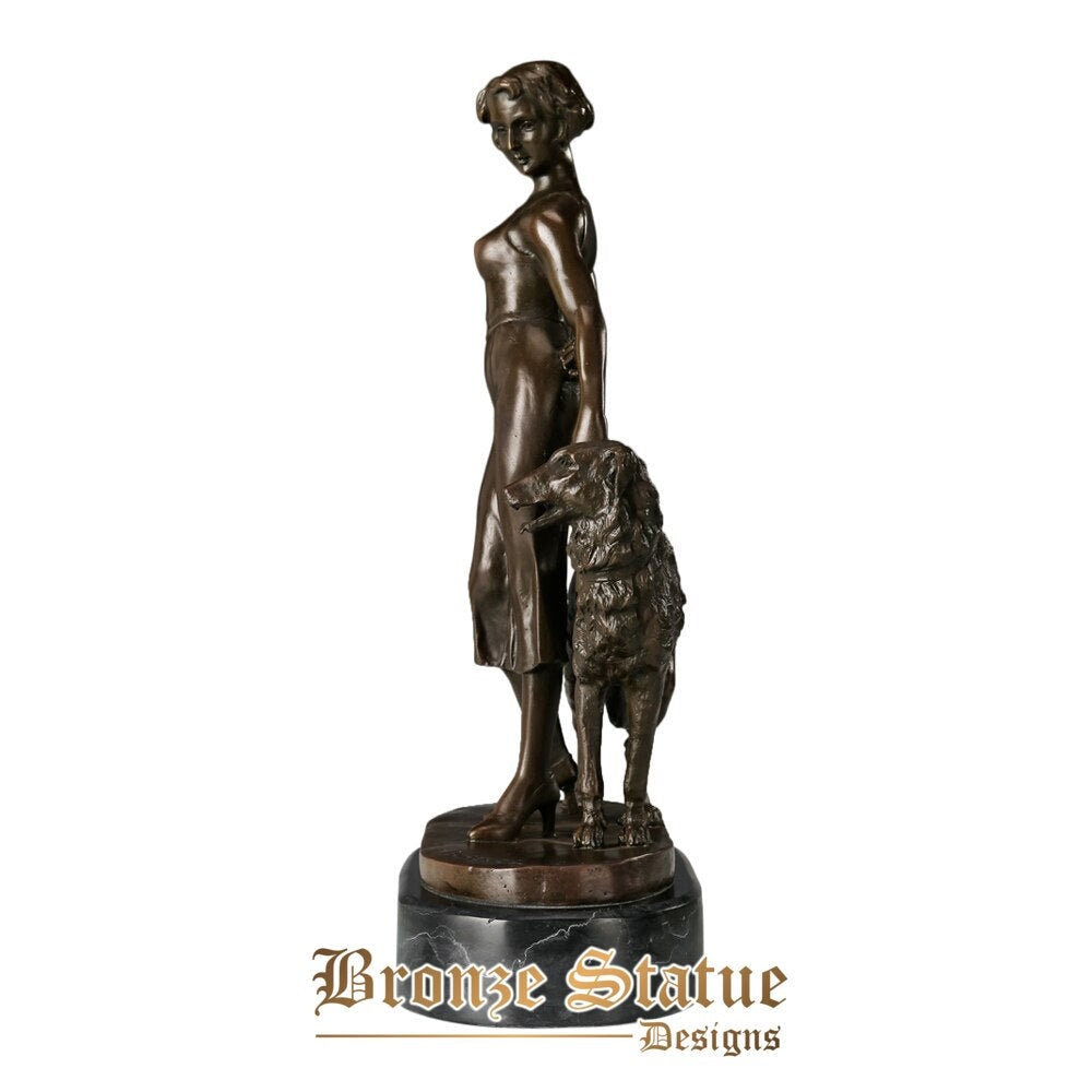 Young woman walking dog bronze sculpture female lady statue figurine western vintage art decor