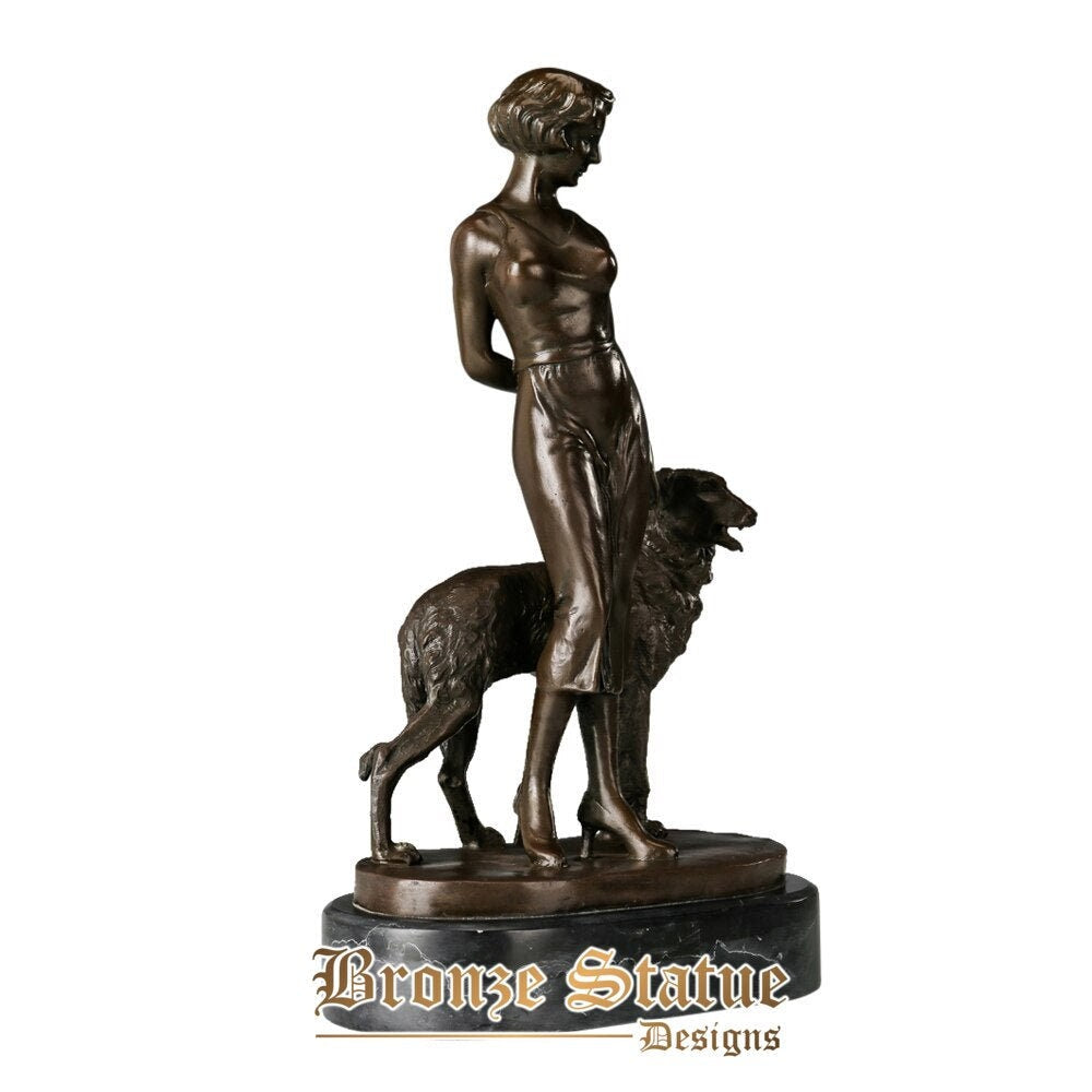Young woman walking dog bronze sculpture female lady statue figurine western vintage art decor