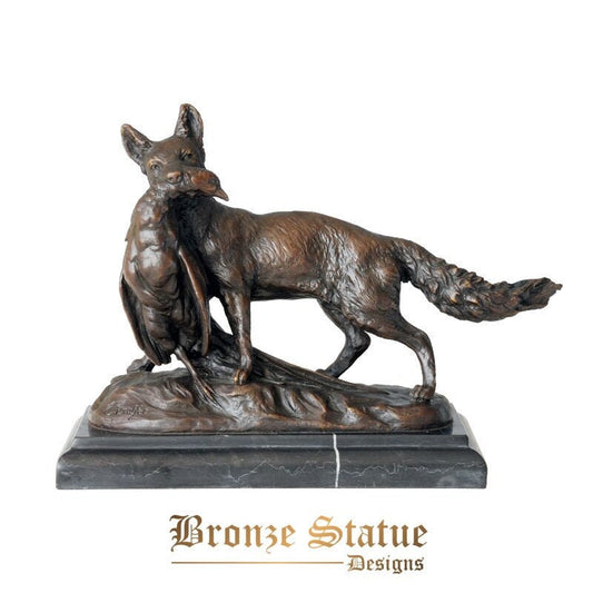 Bronze fox hunting chicken statue sculpture wildlife animal art marble base for home living room decor