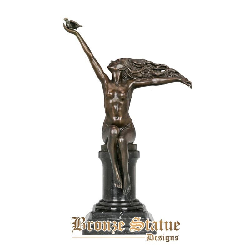 Nude woman release pigeon bronze sculpture modern love bare female statue figurine art gallery decor