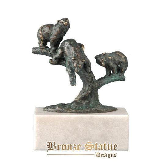 Bronze little bears on the tree statue sculpture white marble base wildlife copper figurine statuette for indoor decor