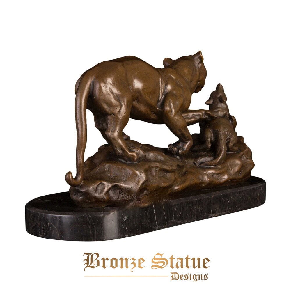 Bronze leopard hunting sculpture statue marble base hot casting wildlife animal figurine vintage western art