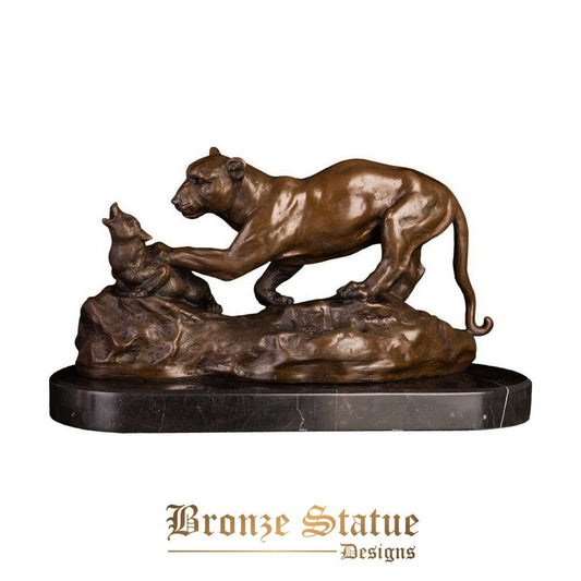 Bronze leopard hunting sculpture statue marble base hot casting wildlife animal figurine vintage western art