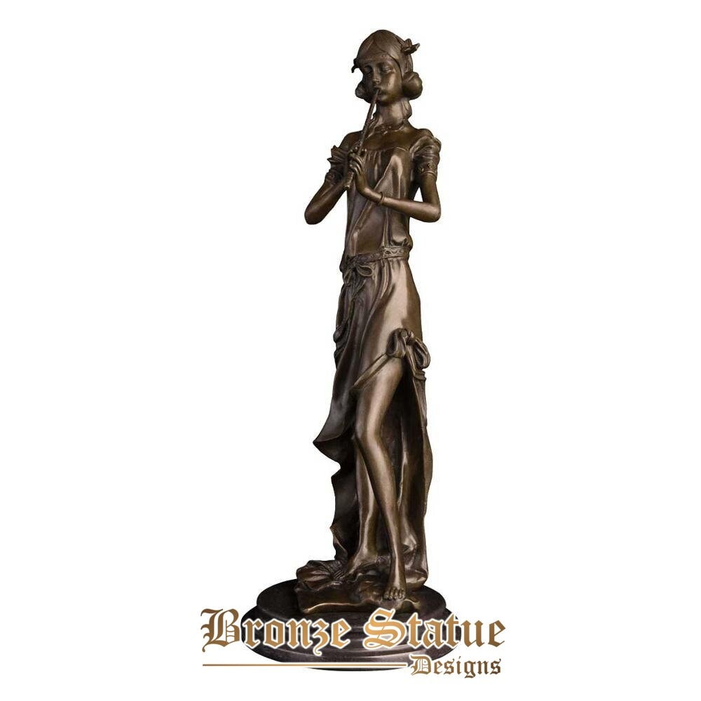 Pretty female with long flute statue bronze female music sculpture figurine art home decoration