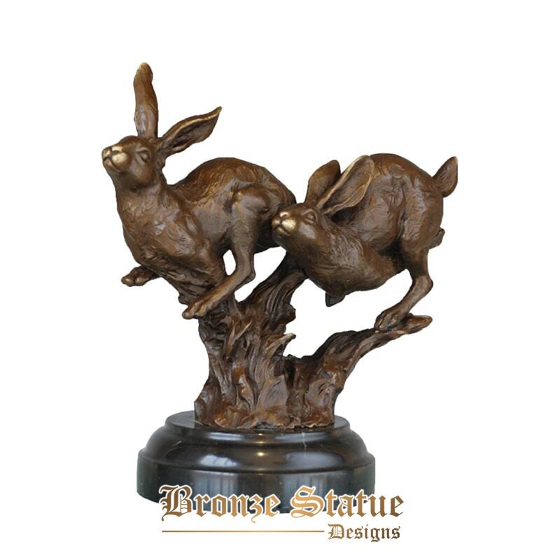 Couple rabbit bronze statue sculpture feng shui animal figurine chinese zodiac art gorgeous living room decoration